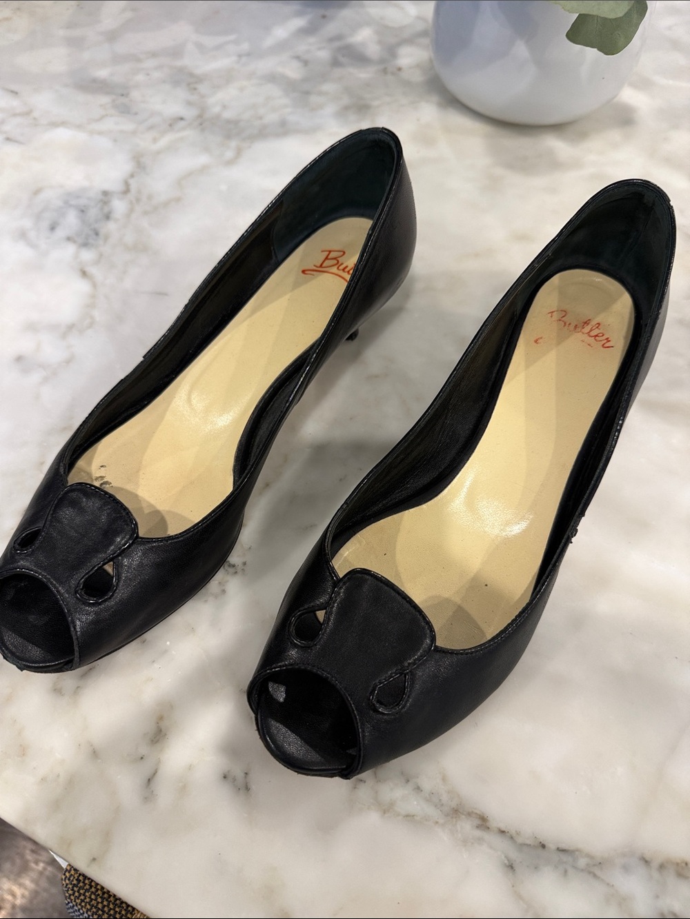 Butter Black Leather Peep-Toe Heels